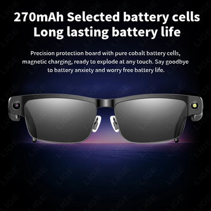 LIGE 800W HD Camera Smart Glasses 1200P HD Video Recording Chat Translation Voice Control Calling Sunglasses Color-Changing Lenses