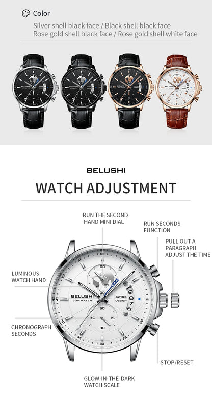 Montre Homme CHENXI B-576 — Chronographe Quartz, Bracelet Cuir, Aiguilles Lumineuses