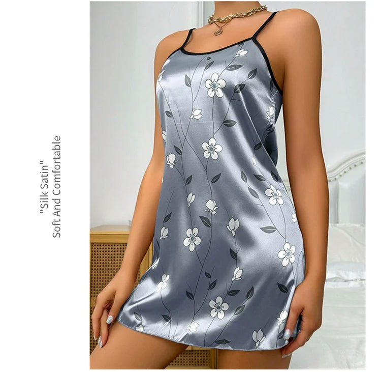 Robe de nuit en satin à imprimé floral pour femme, confortable, bretelles spaghetti, luxueuse, slip
