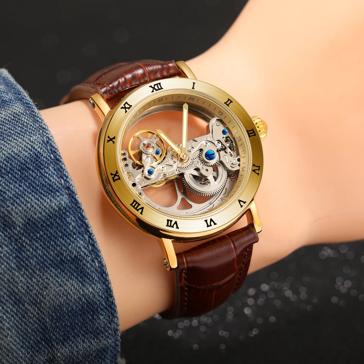 Montre Mécanique Automatique Squelette FORSINING FS134 — Aiguilles Lumineuses, Bracelet Cuir ou Acier