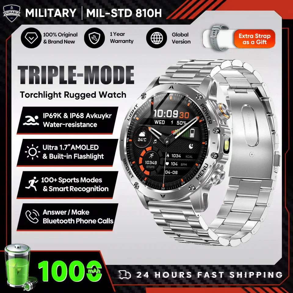 Montre Connectée Sport Militaire AK87 — AMOLED 1,7", GPS, NFC, Étanche IP68, Batterie 1000 mAh, 100 Jours | TechNova X