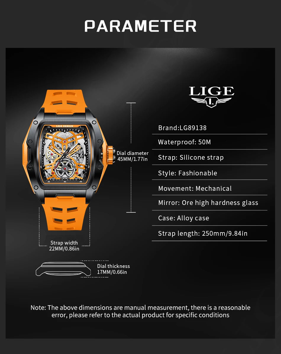 Montre Mécanique Automatique Homme LIGE — Squelette Tourbillon, Boîtier Carré, Étanche 3 ATM, 4 Coloris | TechNova X
