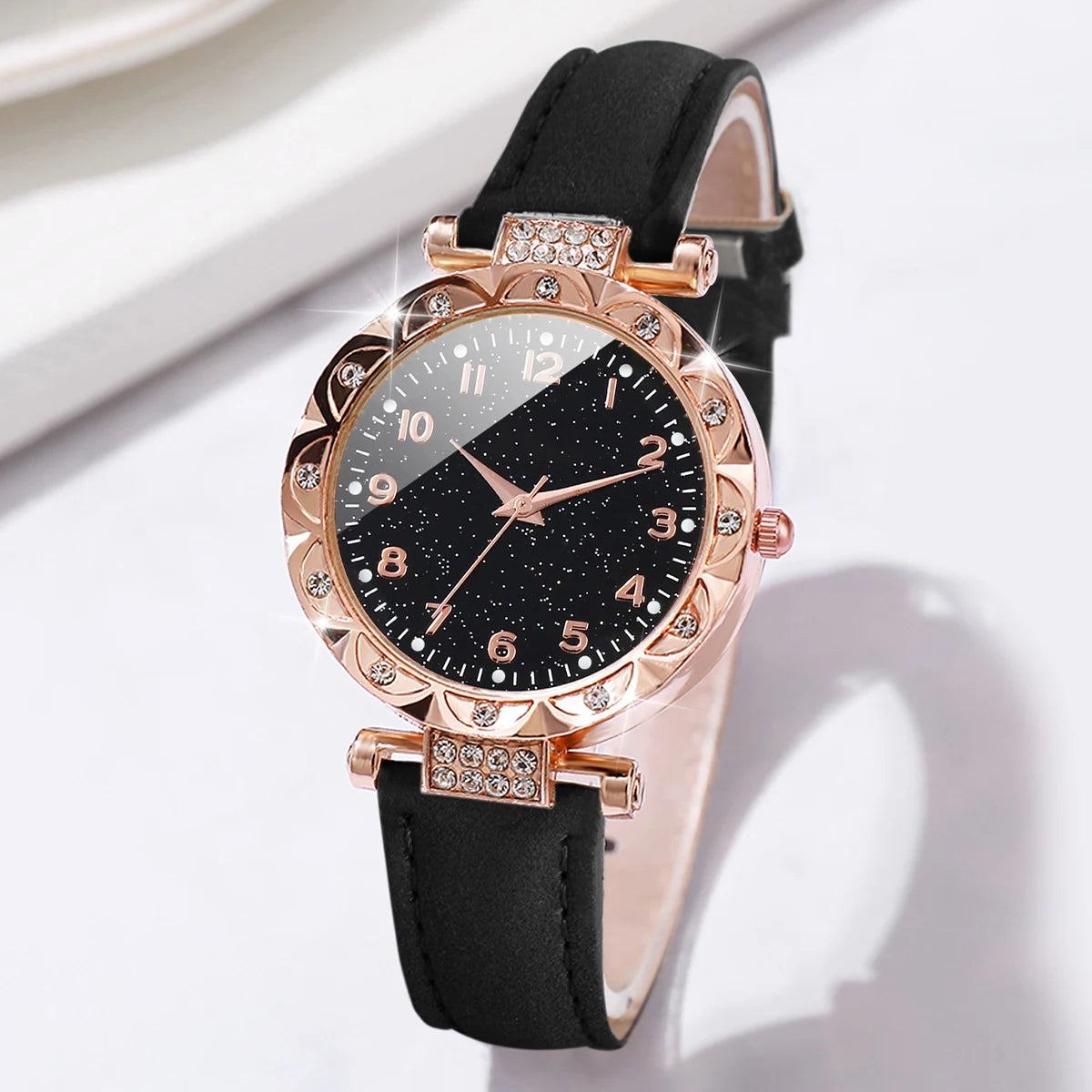 Coffret 2 Pièces Femme Strass — Montre Quartz Bracelet Cuir PU & Bracelet Cœur Assorti