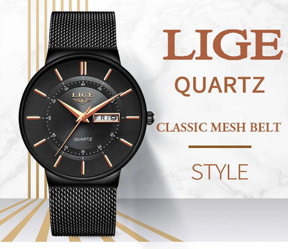 Montre Homme LIGE 9949 — Quartz Ultra-Fine, Bracelet Acier Inox, Date & Semaine, 3 ATM