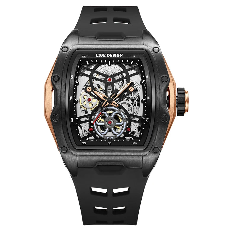 Montre Mécanique Automatique Homme LIGE — Squelette Tourbillon, Boîtier Carré, Étanche 3 ATM, 4 Coloris | TechNova X