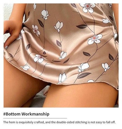 Robe de nuit en satin à imprimé floral pour femme, confortable, bretelles spaghetti, luxueuse, slip