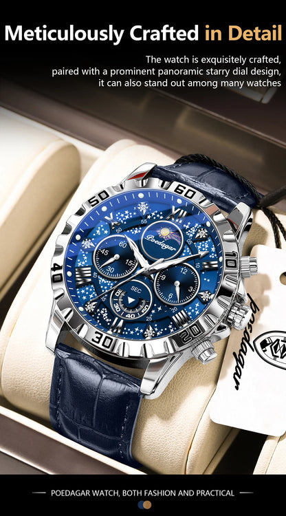 Montre Quartz Luxe Homme POEDAGAR 973 — Chronographe Lumineux, Verre Saphir, Bracelet Cuir, 3 ATM, 7 Coloris | TechNova X