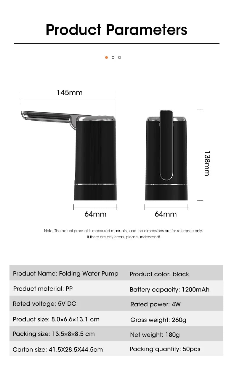 Pompe à Eau Électrique Pliable Rechargeable USB — 1200mAh, Matériau Alimentaire & 1 Semaine d'Autonomie