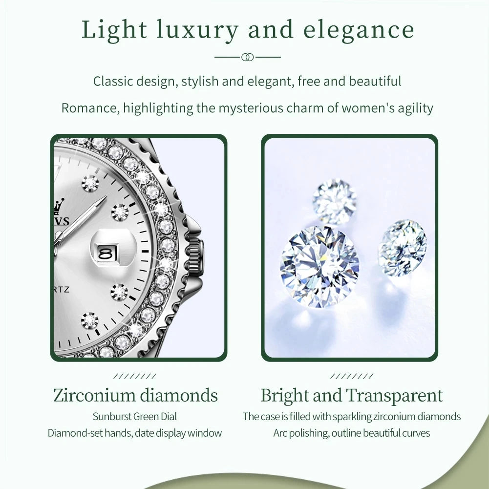 Montre Femme Quartz OLEVS 9945 — Cadran Diamant Lumineux, Acier Inoxydable, Date, 3 ATM