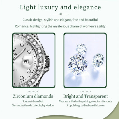 Montre Femme Quartz OLEVS 9945 — Cadran Diamant Lumineux, Acier Inoxydable, Date, 3 ATM