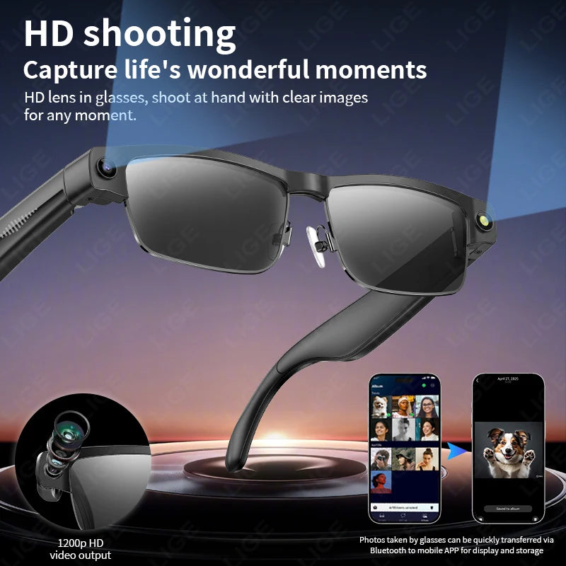 LIGE 800W HD Camera Smart Glasses 1200P HD Video Recording Chat Translation Voice Control Calling Sunglasses Color-Changing Lenses