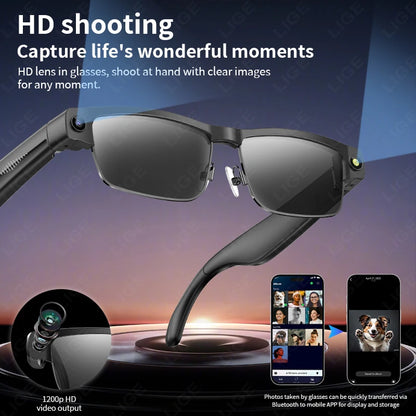 LIGE 800W HD Camera Smart Glasses 1200P HD Video Recording Chat Translation Voice Control Calling Sunglasses Color-Changing Lenses