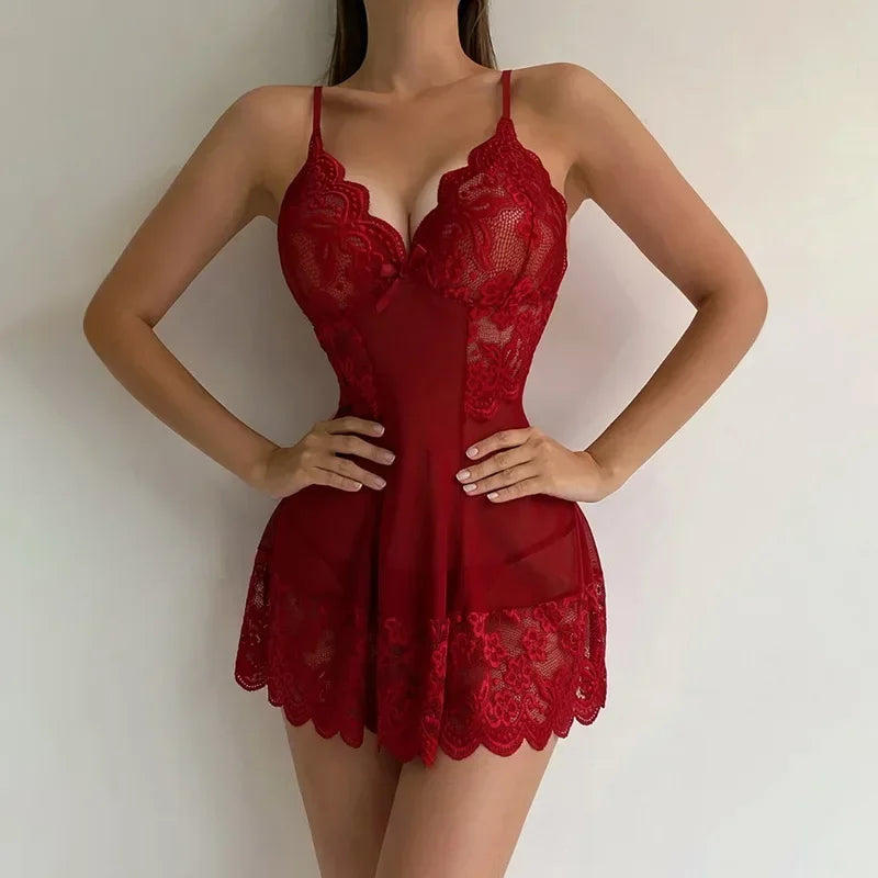 Ensemble de Lingerie Sexy en dentelle, chemise de nuit courte pour femmes, sous-vêtements en Perspective, robe Slim à bretelles, Costume exotique Lolita, vêtements de nuit Sexy