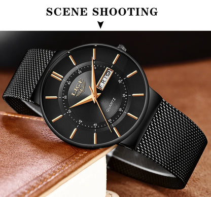 Montre Homme LIGE 9949 — Quartz Ultra-Fine, Bracelet Acier Inox, Date & Semaine, 3 ATM