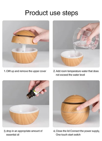 Humidificateur Design Bois USB 130ml — Diffuseur Arôme Ultrasonique, 200ml/h & Arrêt Auto