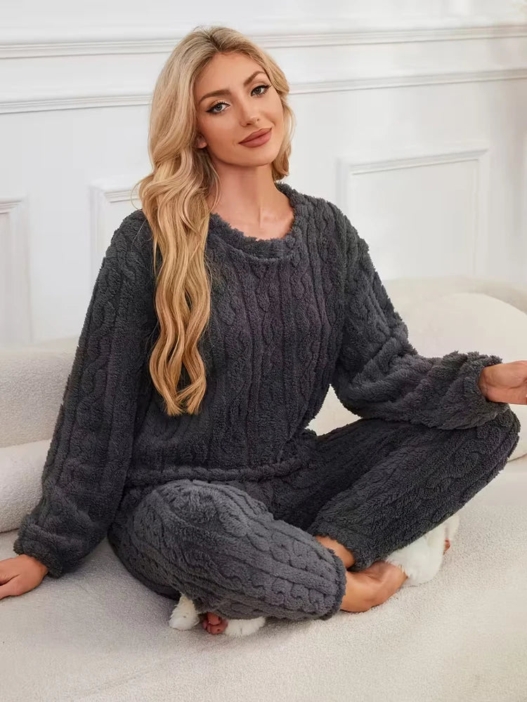 Ensemble Pyjama Flanelle Polaire Femme — Haut Col Rond & Pantalon Chaud