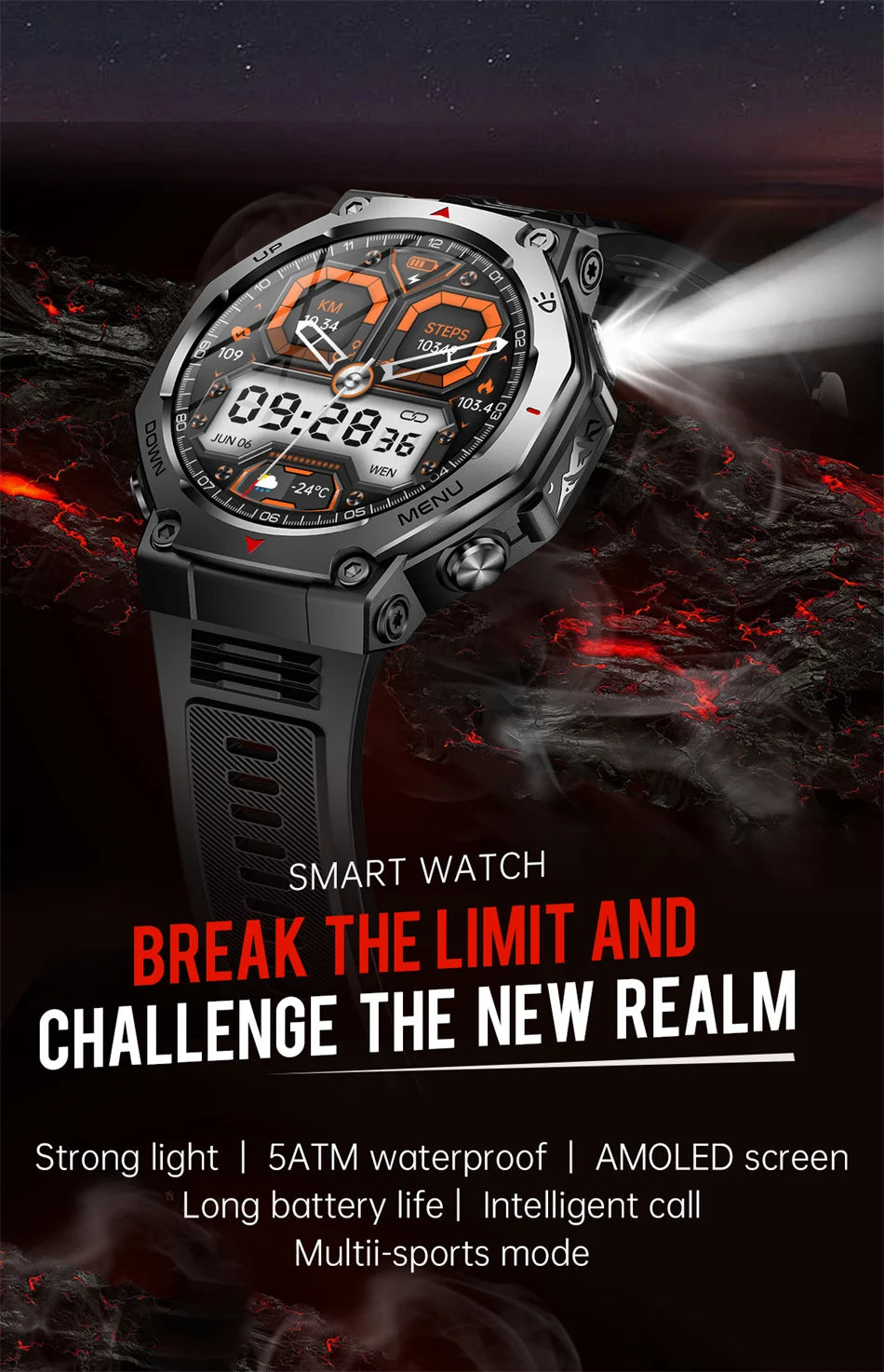 Montre Connectée Sport ZYKEXUAN T-Rex3 — AMOLED 1,43", Étanche 10 ATM, Boussole, Altimètre, 100+ Sports, 13 Coloris | TechNova X