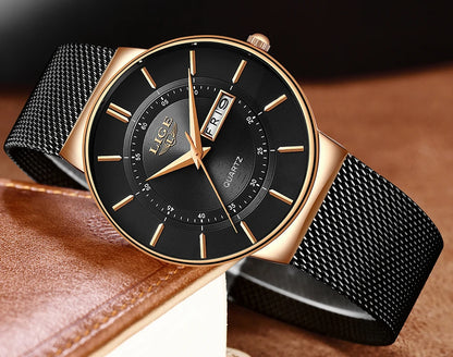 Montre Homme LIGE 9949 — Quartz Ultra-Fine, Bracelet Acier Inox, Date & Semaine, 3 ATM
