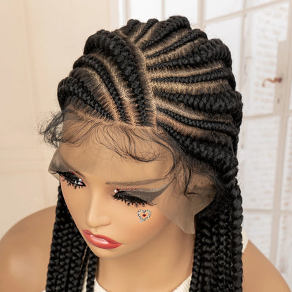 Perruque tressée synthétique pleine dentelle Cornrow Box 34 pouces dentelle frontale Crochet déesse tresses perruque pour les femmes noires africaines