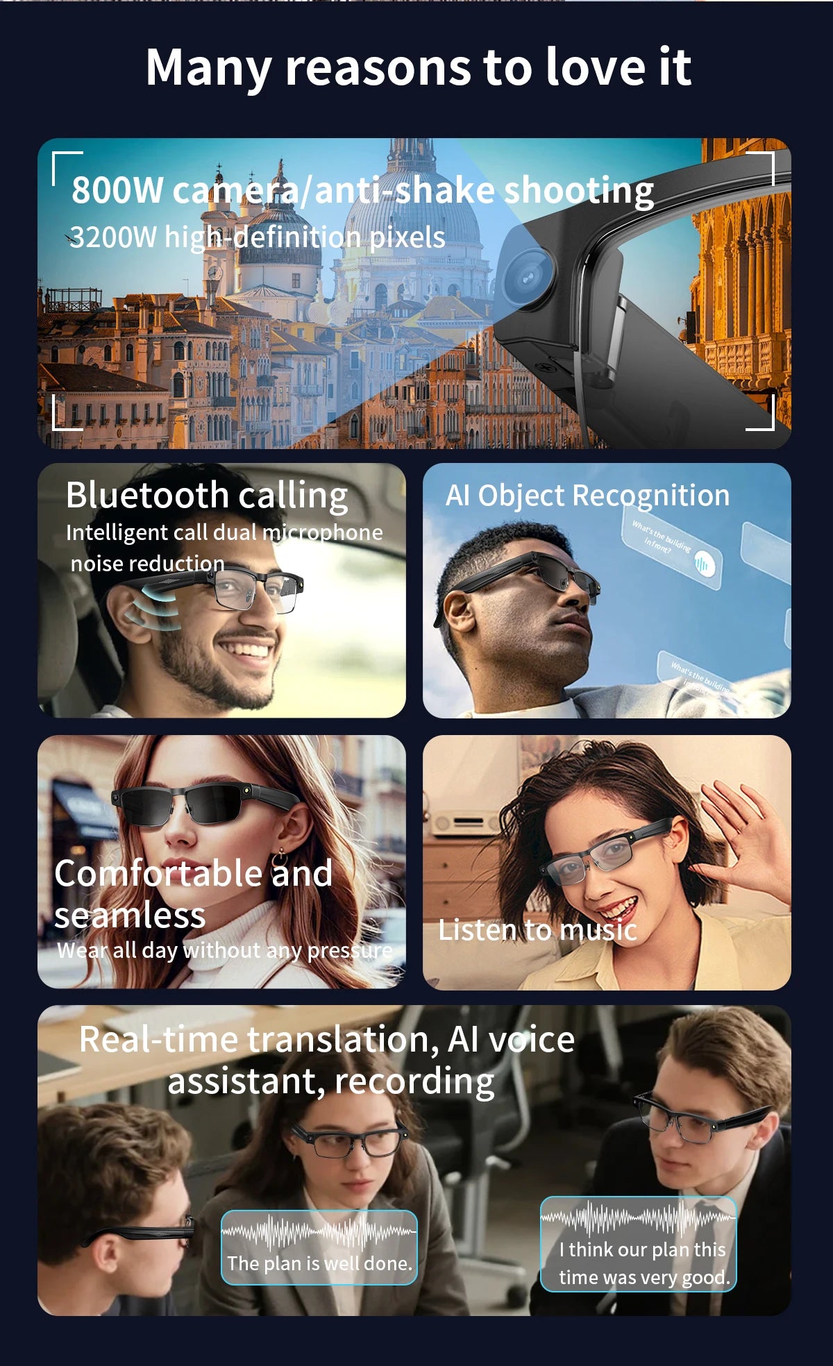 LIGE 800W HD Camera Smart Glasses 1200P HD Video Recording Chat Translation Voice Control Calling Sunglasses Color-Changing Lenses