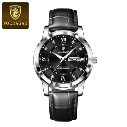 Montre Homme POEDAGAR 936L — Quartz, Bracelet Cuir, Lumineux, Date & Semaine