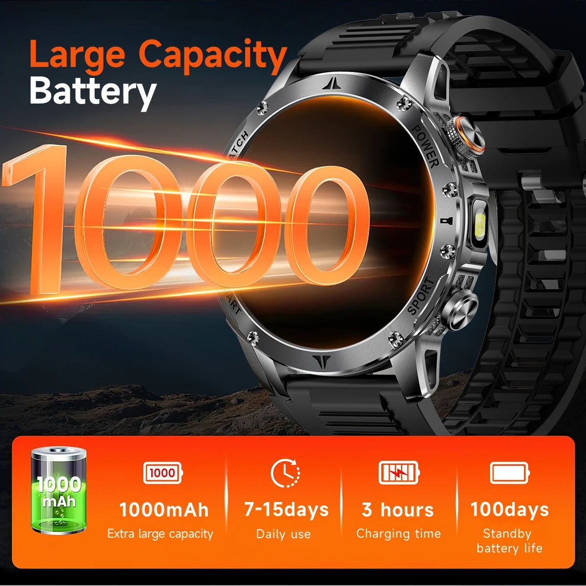 Militaire 1000mAh grande batterie montre intelligente numérique Bluetooth appel sport Smartwatch électronique montres pour homme Android 2026 nouveau