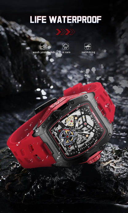 Montre Mécanique Homme Squelette — Boîtier Carré Acier, Automatique, Étanche 3 ATM, Bracelet Silicone | TechNova X