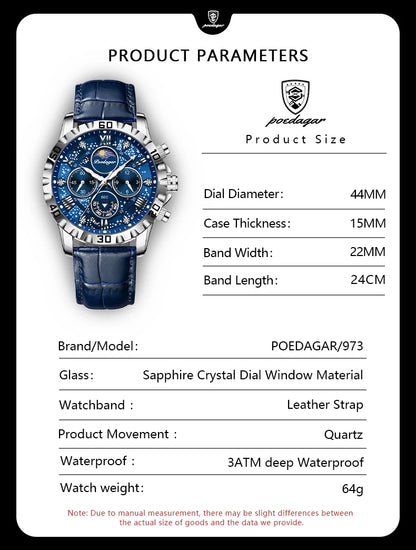 Montre Quartz Luxe Homme POEDAGAR 973 — Chronographe Lumineux, Verre Saphir, Bracelet Cuir, 3 ATM, 7 Coloris | TechNova X