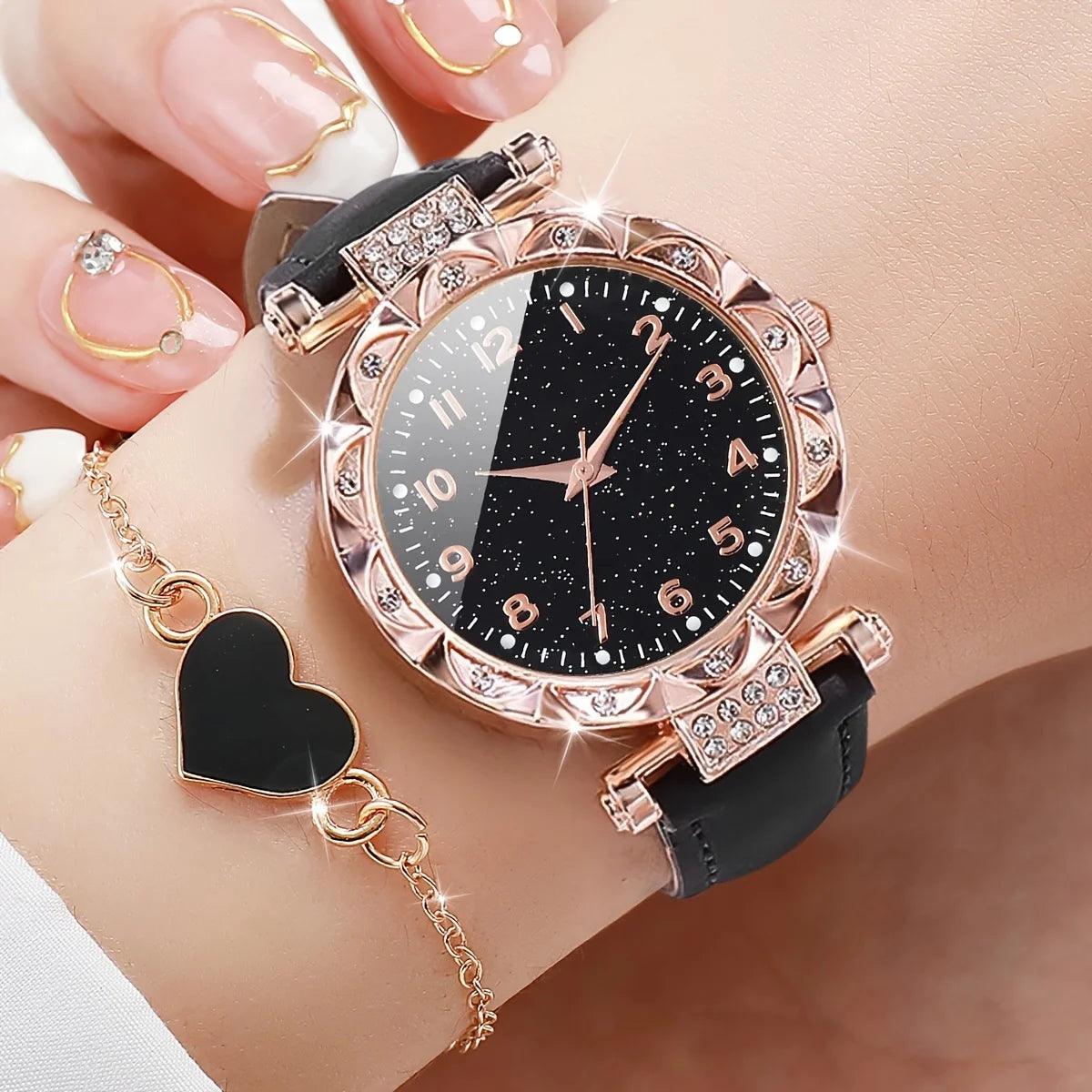 Coffret 2 Pièces Femme Strass — Montre Quartz Bracelet Cuir PU & Bracelet Cœur Assorti