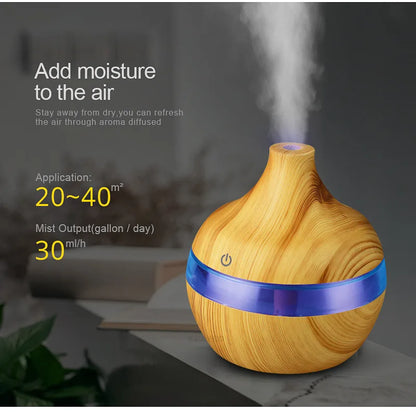 Humidificateur Ultrasonique 300ml Design Bois — LED 7 Couleurs, Commande Tactile & USB 5V