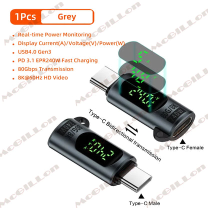 Adaptateur USB 4.0 Type C avec affichage numérique PD240W 80Gbps 8K @ 60Hz, adaptateur USB C mâle vers femelle pour Macbook iPhone Samsung Xiaomi
