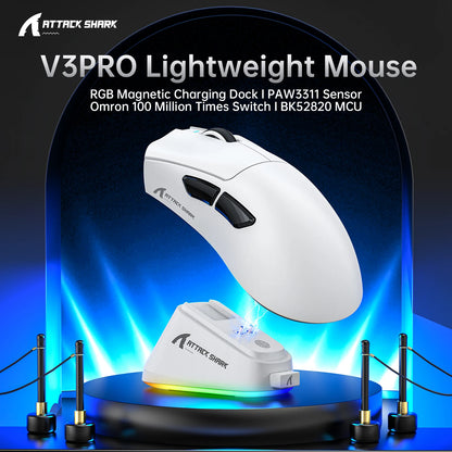 Souris de jeu sans fil Attack Shark V3 PRO, tri-mode 2.4G/BT/filaire, ultra-légère, PAW3311, 26000 DPI