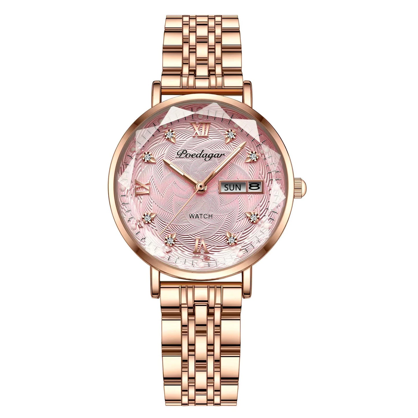 Montre Femme Quartz POEDAGAR 3012 — Acier Inoxydable, Aiguilles Lumineuses, Date & Jour, 3 ATM