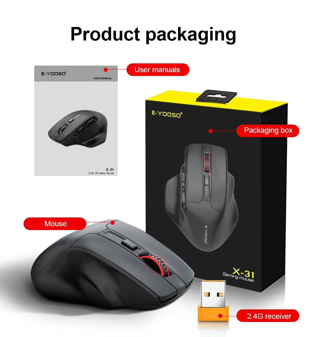 E-YOOSO X-31 USB 2.4G souris de jeu sans fil grande pour grandes mains PAW3212 4800 DPI 5 boutons pour souris gamer ordinateur portable PC
