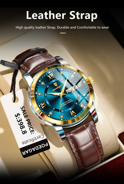 Montre Homme POEDAGAR 936L — Quartz, Bracelet Cuir, Lumineux, Date & Semaine