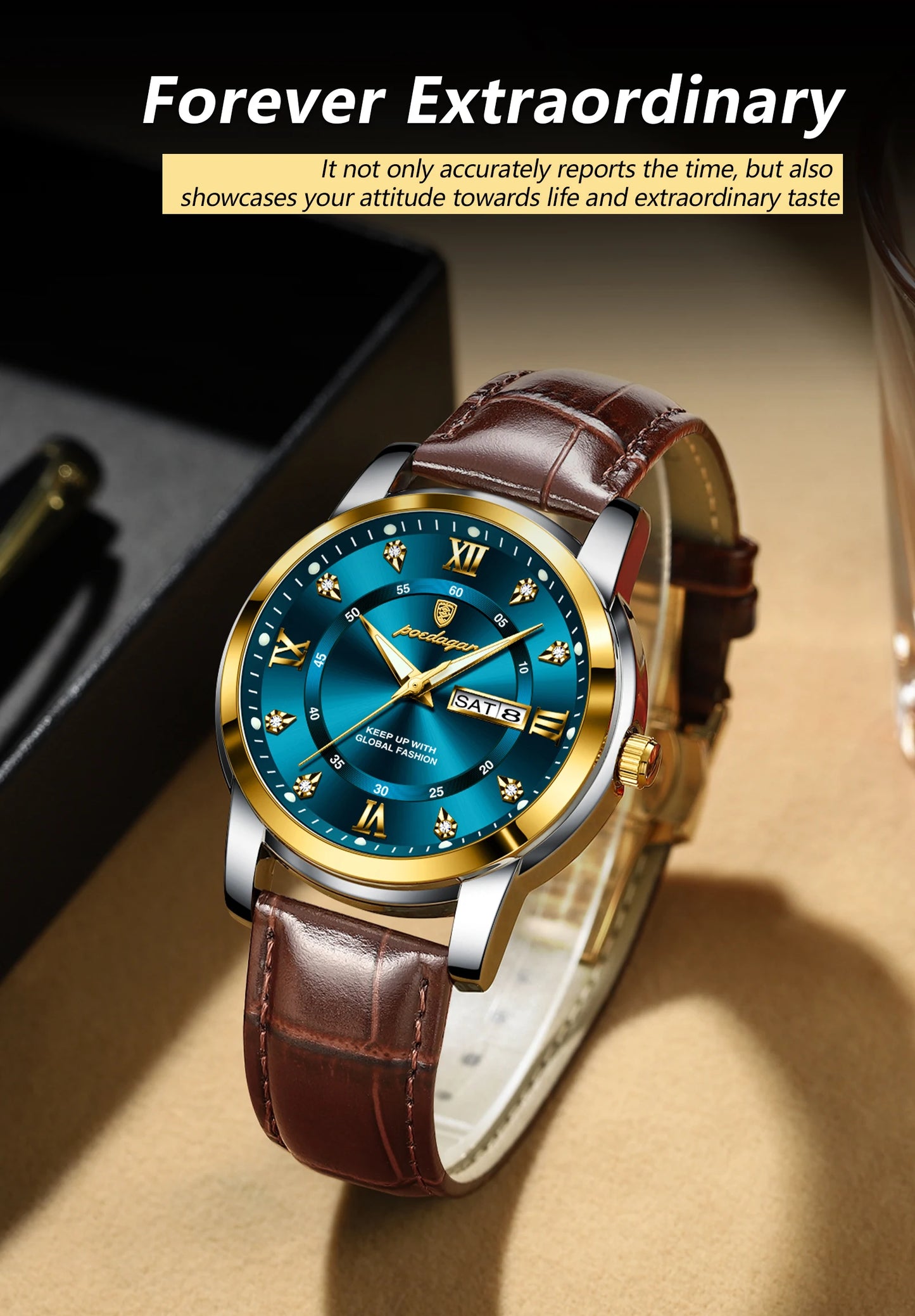 Montre Homme POEDAGAR 936L — Quartz, Bracelet Cuir, Lumineux, Date & Semaine