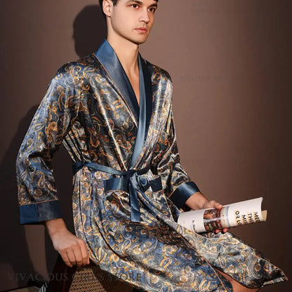 Kimono Peignoir Satin Imprimé Homme — Robe de Chambre avec Poches, Col en V