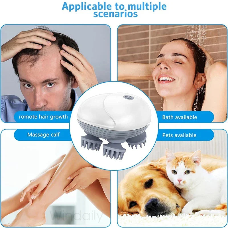 Masseur Électrique Cuir Chevelu Windaily — 4 Têtes, 3 Modes, IPX6 & Rechargeable