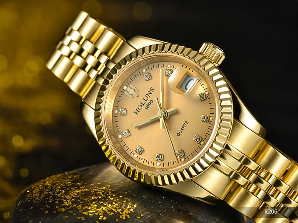 Montre Femme Luxe Diamant — Quartz Acier Inoxydable, Étanche 5 ATM