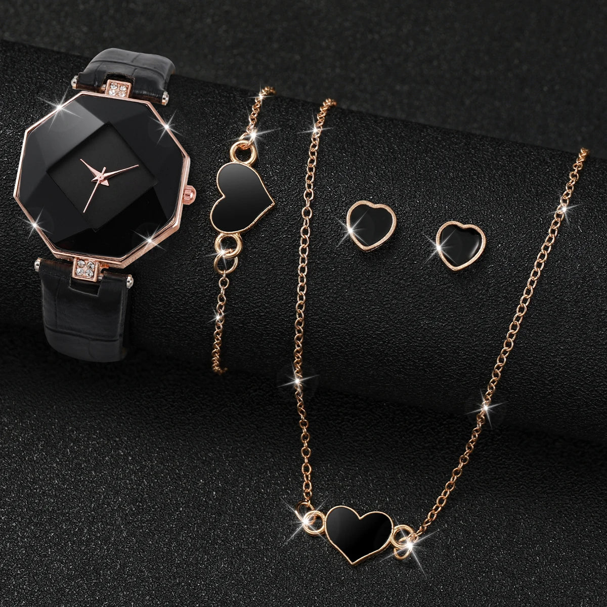 Coffret Bijoux Femme 5 Pièces — Montre Quartz Bracelet Cuir, Boucles d’Oreilles, Collier & Bracelet