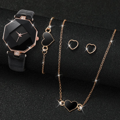 Coffret Bijoux Femme 5 Pièces — Montre Quartz Bracelet Cuir, Boucles d’Oreilles, Collier & Bracelet