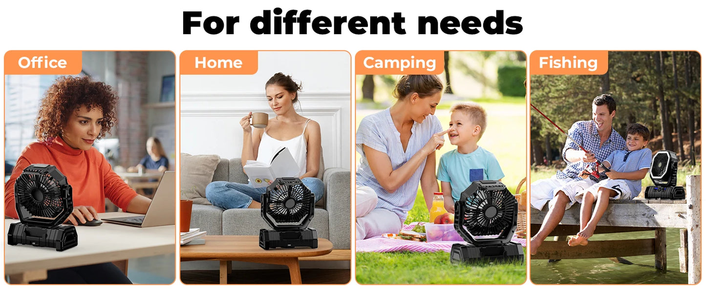 Ventilateur Camping 20 000mAh — LED 3 Niveaux, 4 Vitesses, Télécommande & Powerbank Intégré