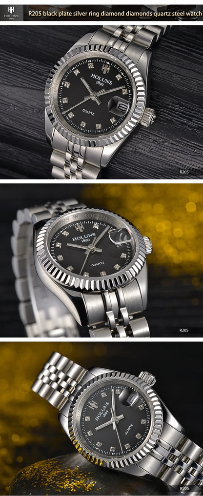 Montre Femme Luxe Diamant — Quartz Acier Inoxydable, Étanche 5 ATM