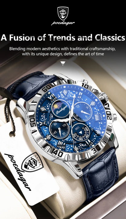 Montre Quartz Luxe Homme POEDAGAR 973 — Chronographe Lumineux, Verre Saphir, Bracelet Cuir, 3 ATM, 7 Coloris | TechNova X