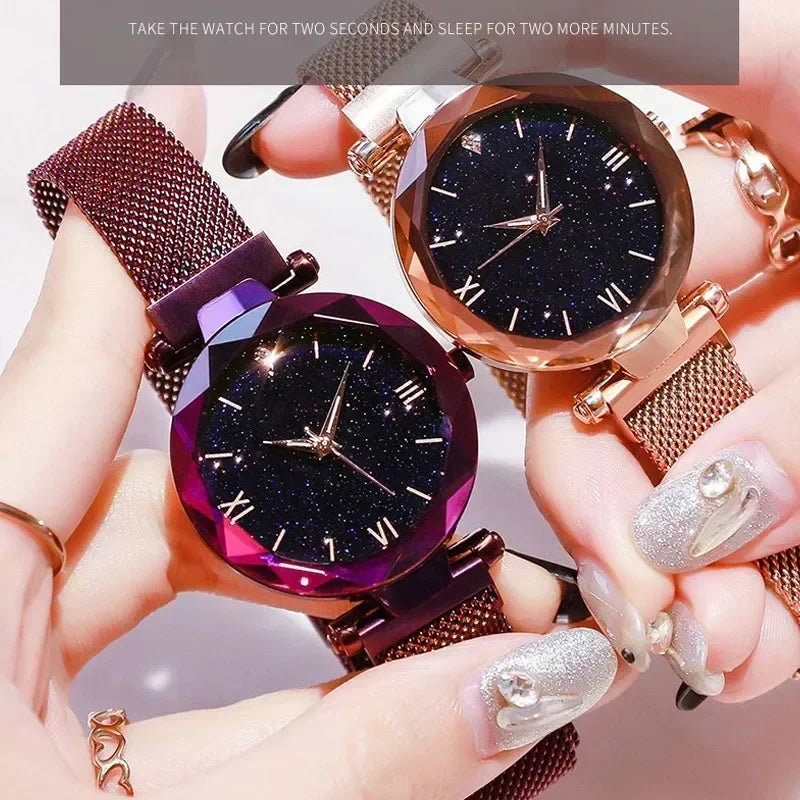 Montre Quartz Femme RUNERR — Cadran Ciel Étoilé 33 mm, Bracelet Magnétique Maille Acier Ajustable, Lumineux, 5 Coloris | TechNova X