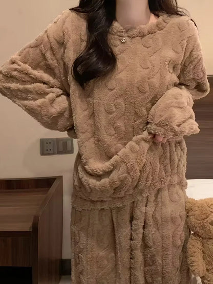 Ensemble Pyjama Flanelle Polaire Femme — Haut Col Rond & Pantalon Chaud