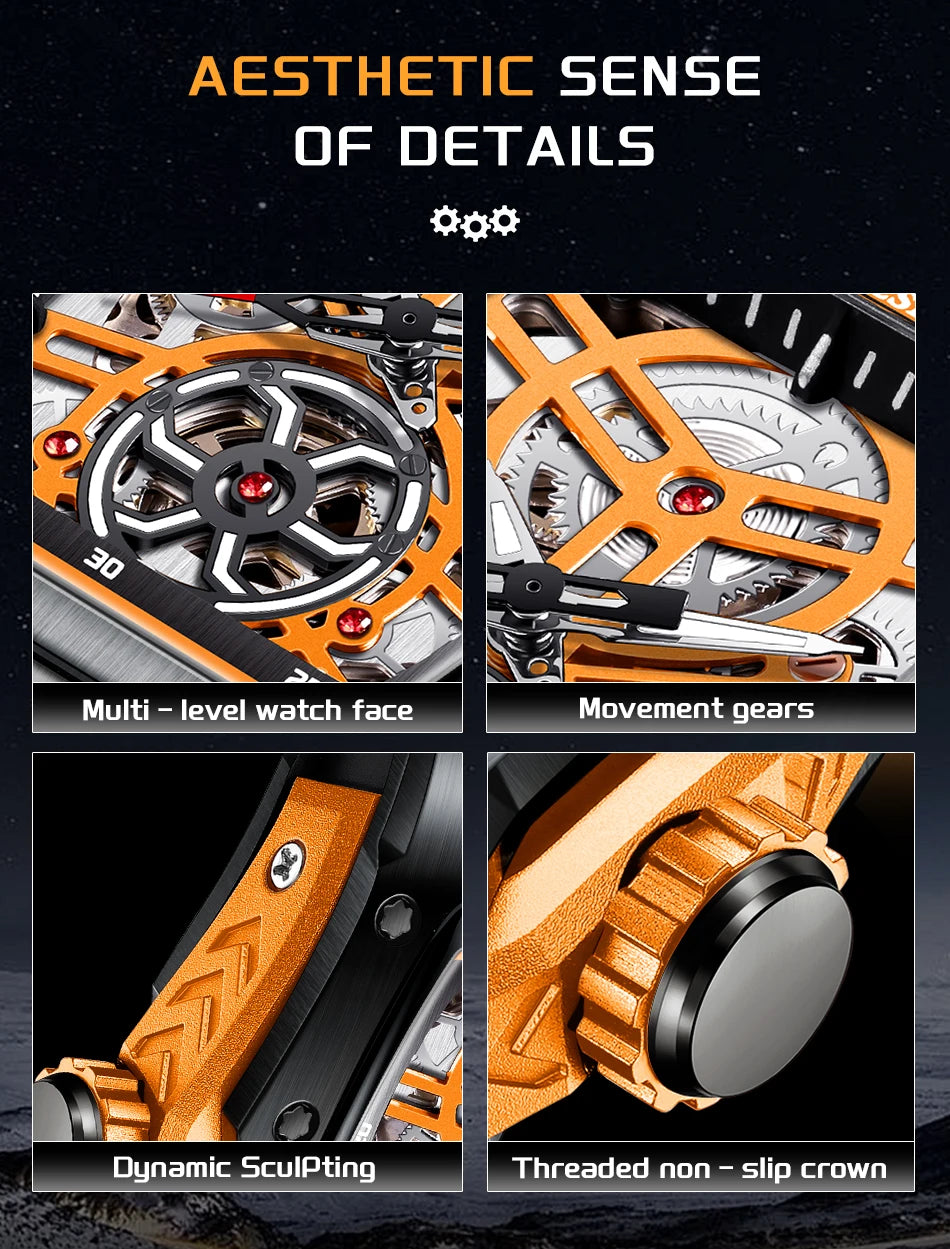 Montre Mécanique Automatique Homme LIGE — Squelette Tourbillon, Boîtier Carré, Étanche 3 ATM, 4 Coloris | TechNova X