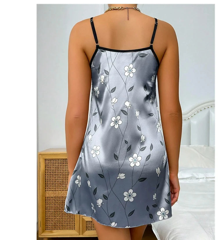 Robe de nuit en satin à imprimé floral pour femme, confortable, bretelles spaghetti, luxueuse, slip