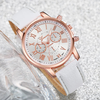 Coffret 6 Pièces Femme Style Roma — Montre Quartz Chiffres Romains 42mm + 5 Bracelets Cuir Interchangeables