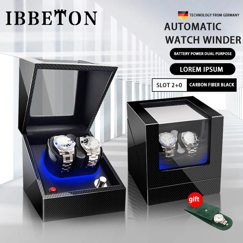 Remontoir de Montre IBBETON — Fibre de Carbone & Bois, Moteur Mabuchi Silencieux, LED